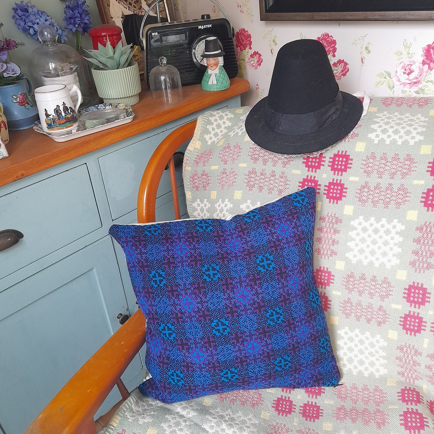 PAIR Handmade Cushions Made From Vintage Welsh Tapestry Fabric in Bright Blue, Purple & Black 18"