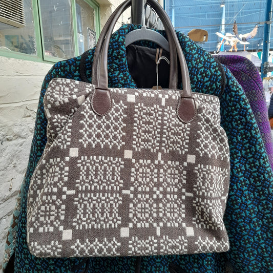 Welsh Tapestry & Leather Handbag in Brown & Cream 'Knot Garden' by Melin Tregwynt