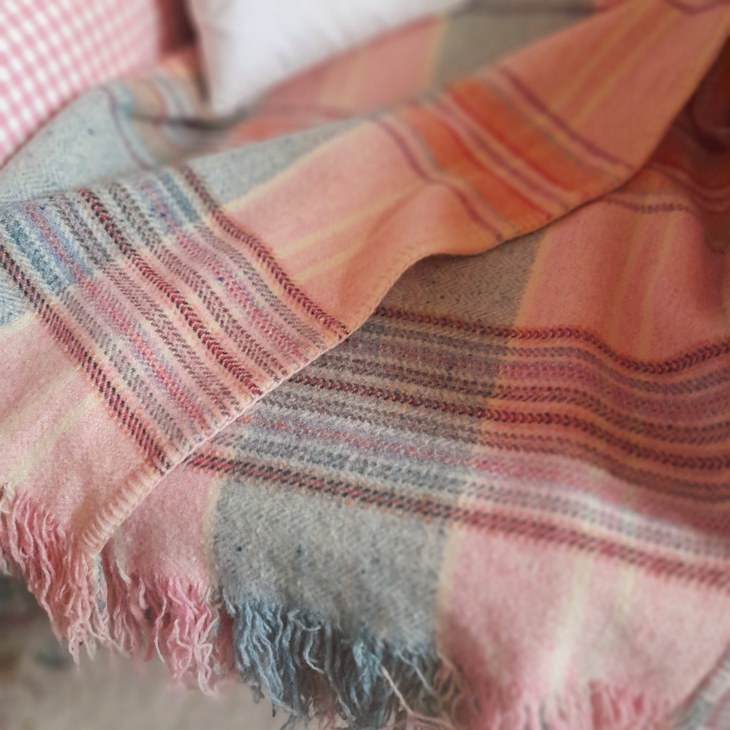 Vintage Welsh Blanket in Pretty Pastel Plaid Checks in Pale Pink Duck Egg Blue Blue & Pop of Red