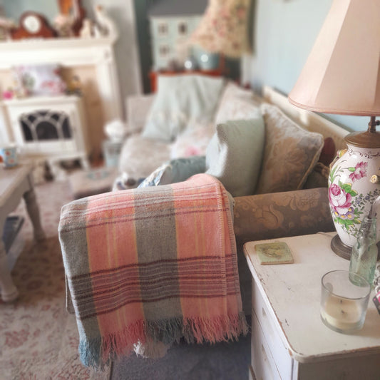 Vintage Welsh Blanket in Pretty Pastel Plaid Checks in Pale Pink Duck Egg Blue Blue & Pop of Red
