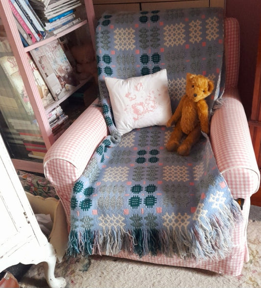 Vintage Welsh Tapestry Blanket in Pale Blue Green White & a Pop of Pink