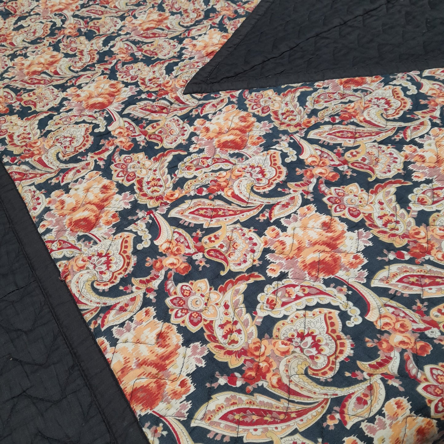 Art Deco Antique Black & Burnt Orange Paisley Quilt Reversible