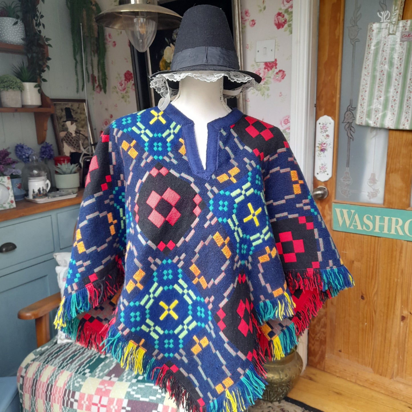 Vintage Welsh Tapestry Poncho by Trefriw Woollen Mill Navy Multicolour Reversible