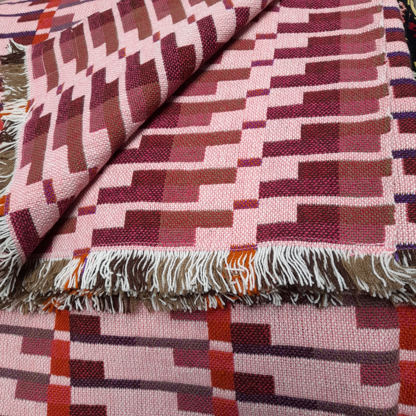 RARE Vintage Welsh Tapestry Blanket in Rose Pink, Orange & Burgundy Original Holytex Mill Label