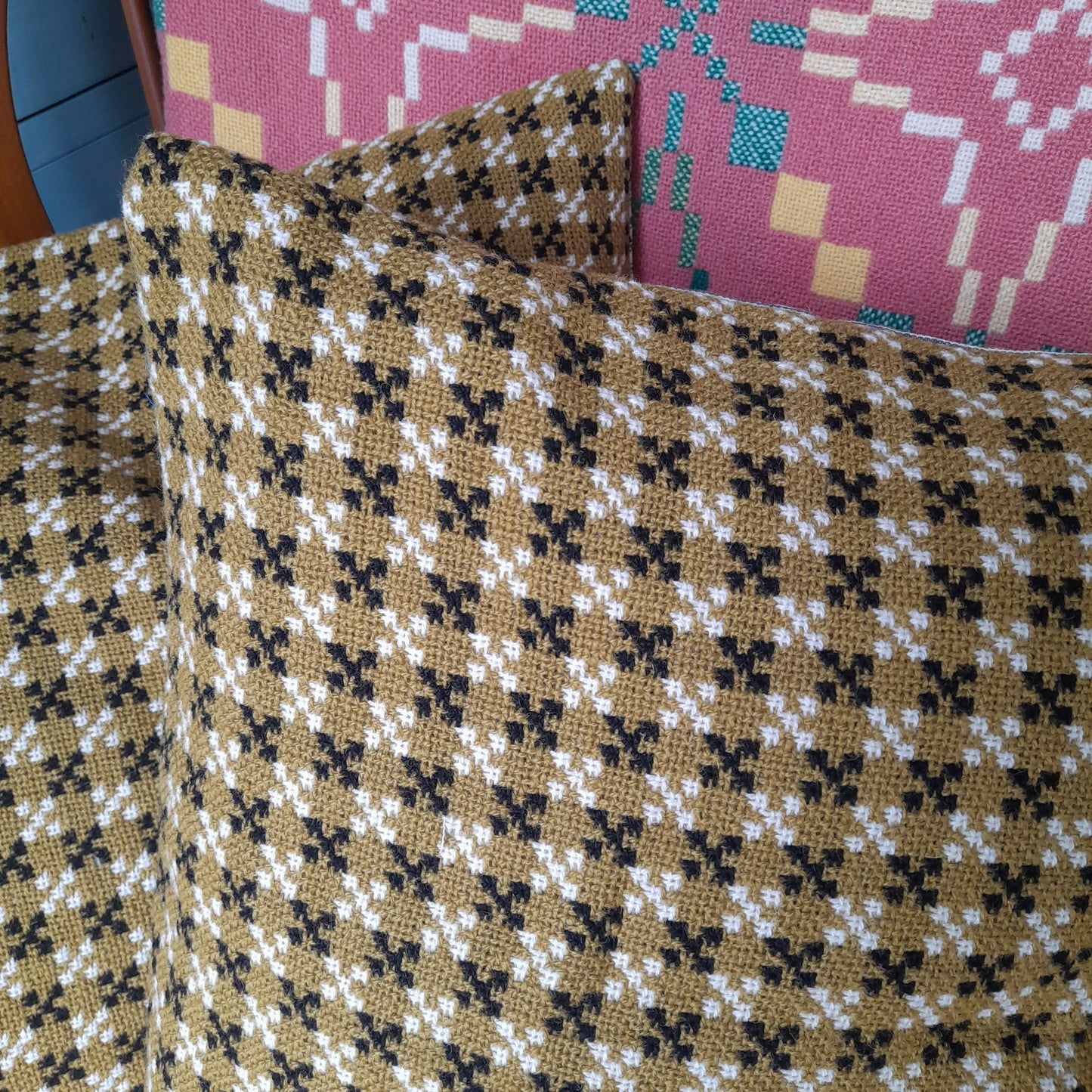 PAIR Handmade Cushions Made From Vintage Welsh Tapestry Fabric in Mustard, Black & Cream 18"