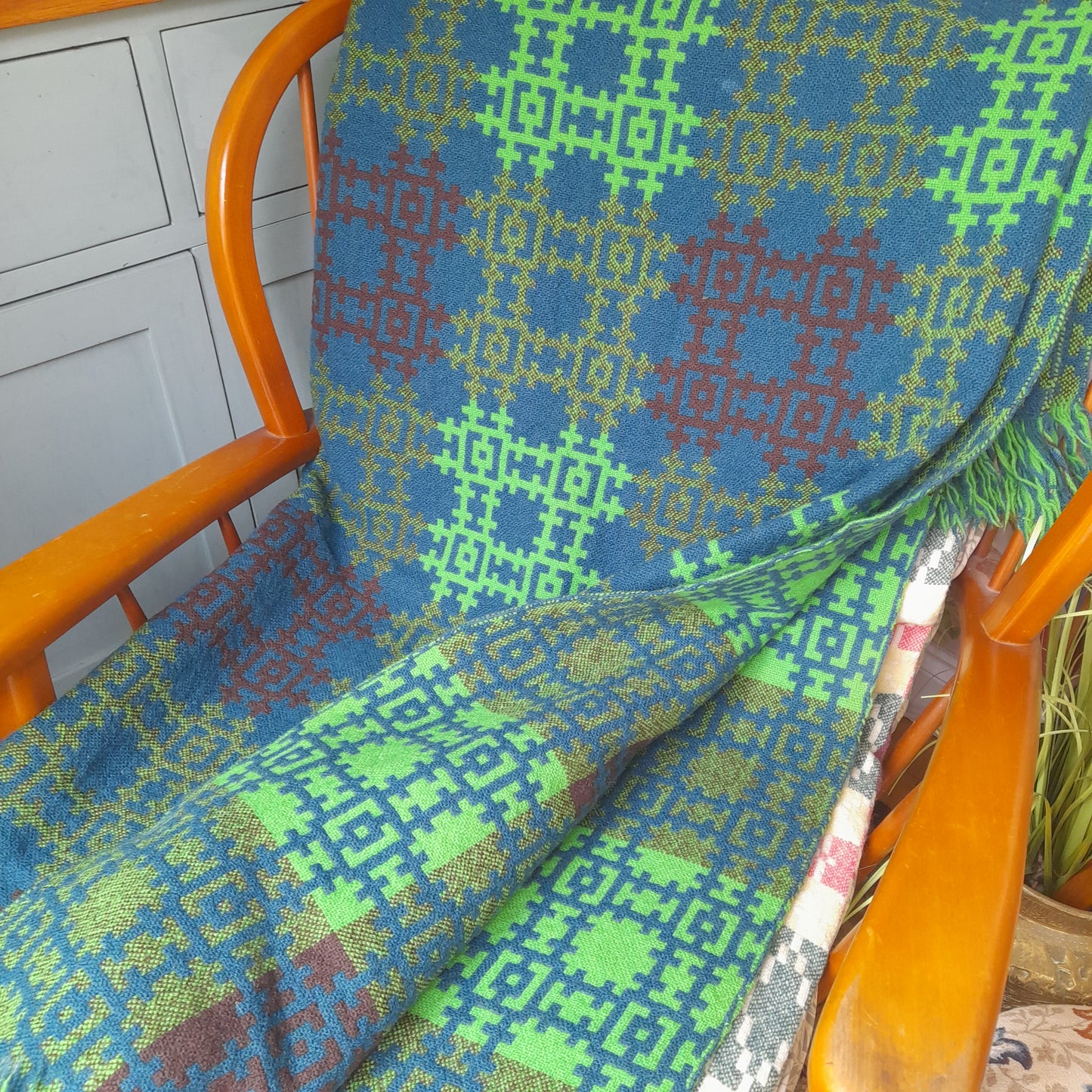 Rare Vintage Welsh Tapestry Blanket in Teal & Lime Green by Arthur Morus at Dolwerdd Mill