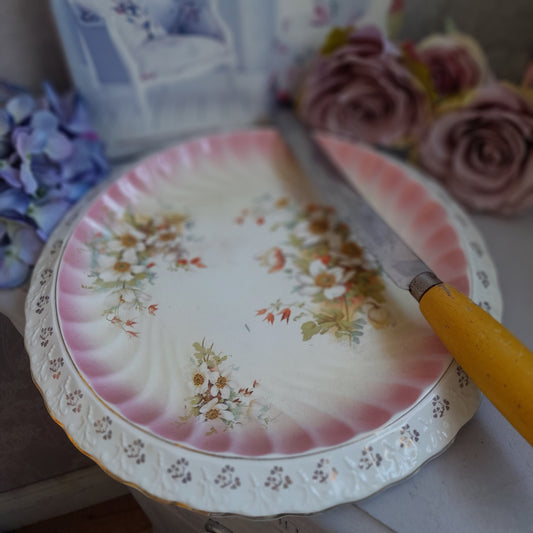 Large Antique Pink Floral Bread Plate With Scallop Edge Very Shabby Chic