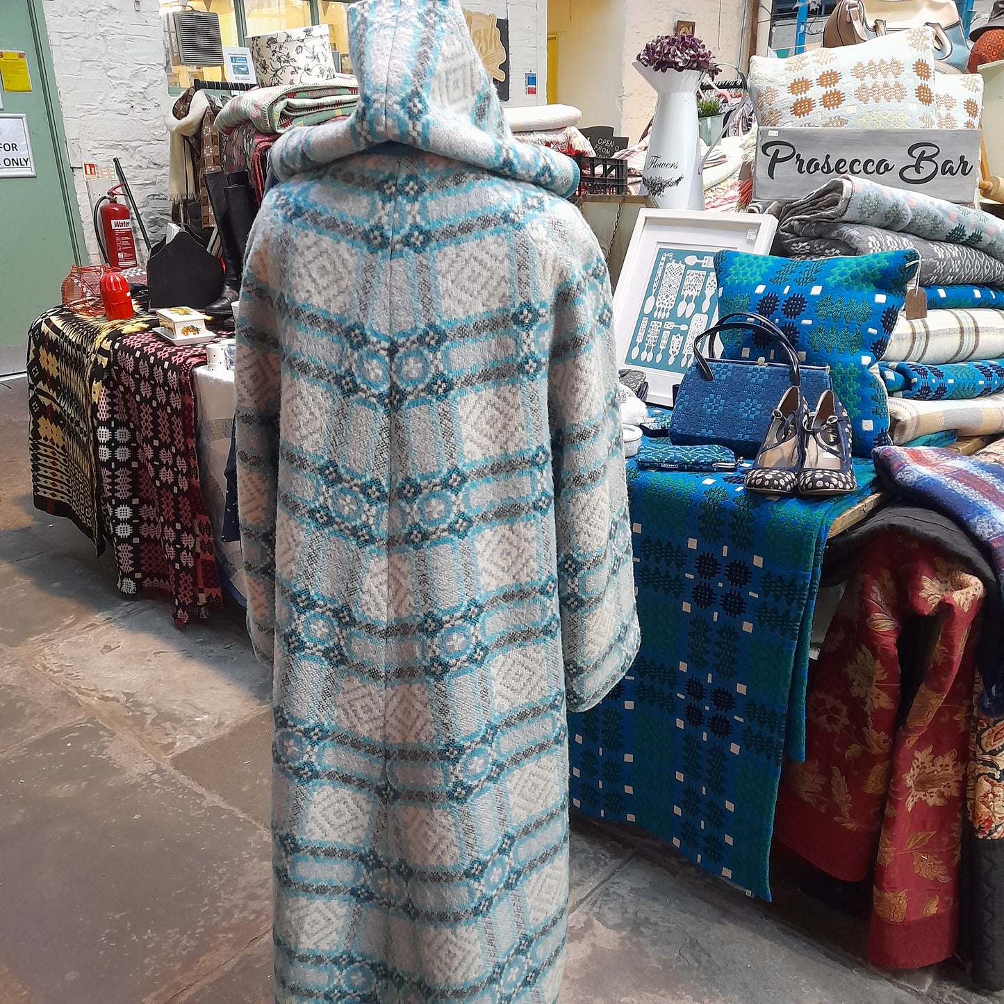 Vintage Welsh Tapestry Full Length Hooded Duffle Coat in Grey With Pop of Turquoise