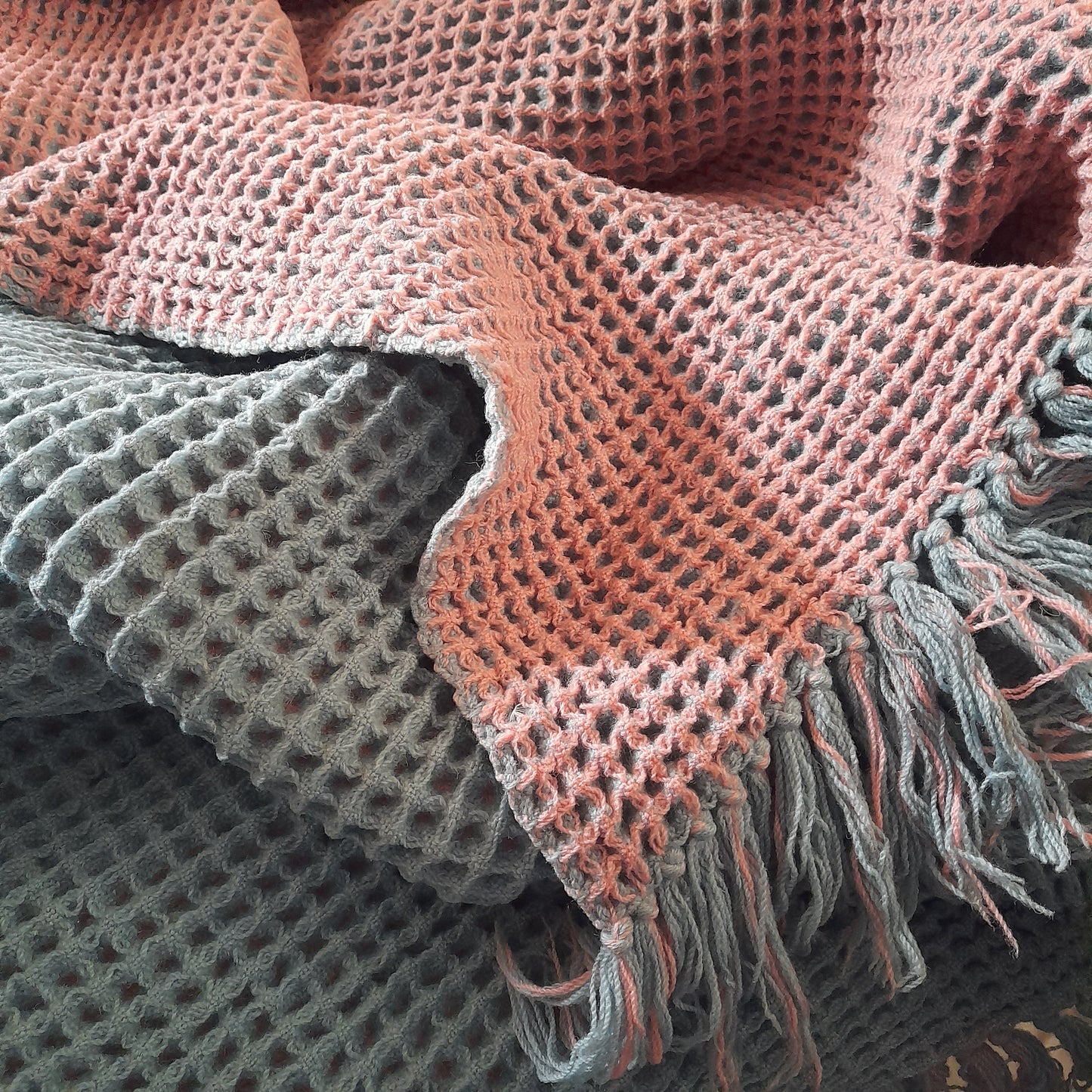 Vintage Welsh Wool Waffle Honeycomb Blanket in Pastel Pink & Blue Reversible