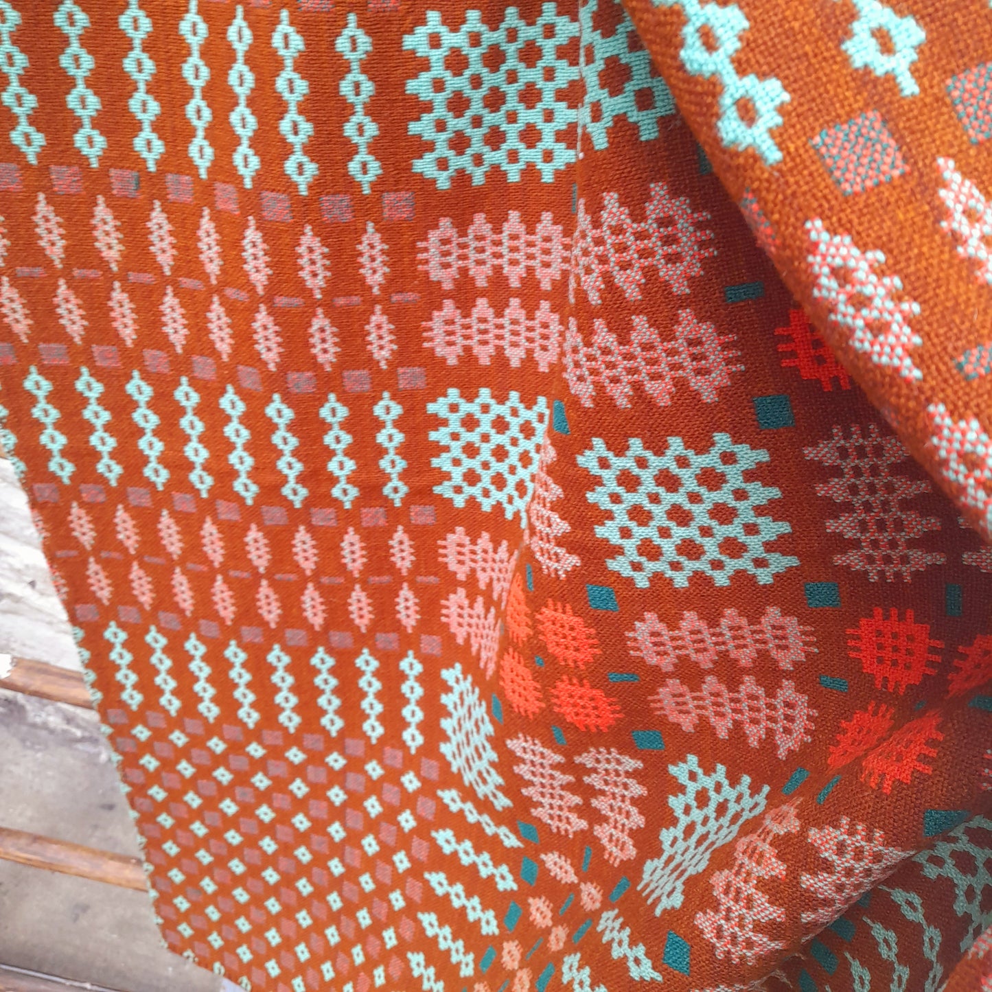 Early Antique Handmade Welsh Wool Tapestry Blanket in Teal Green, Orange Red & Terracotta
