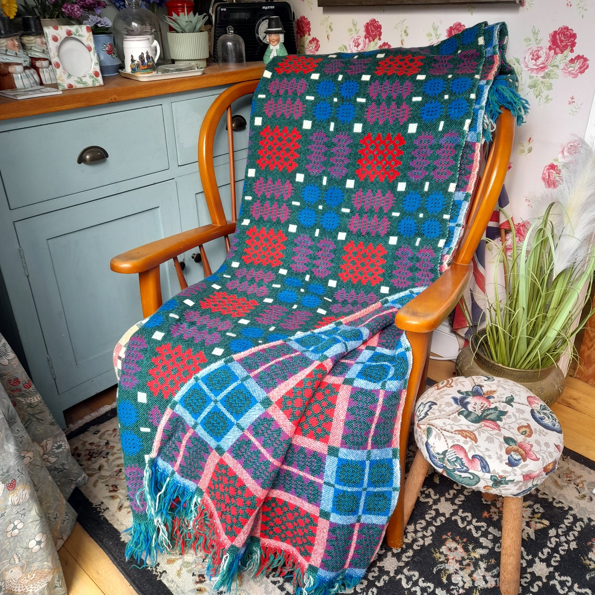 Vintage Welsh Tapestry Blanket in Teal Green, Cobalt Blue, Scarlet Red & White