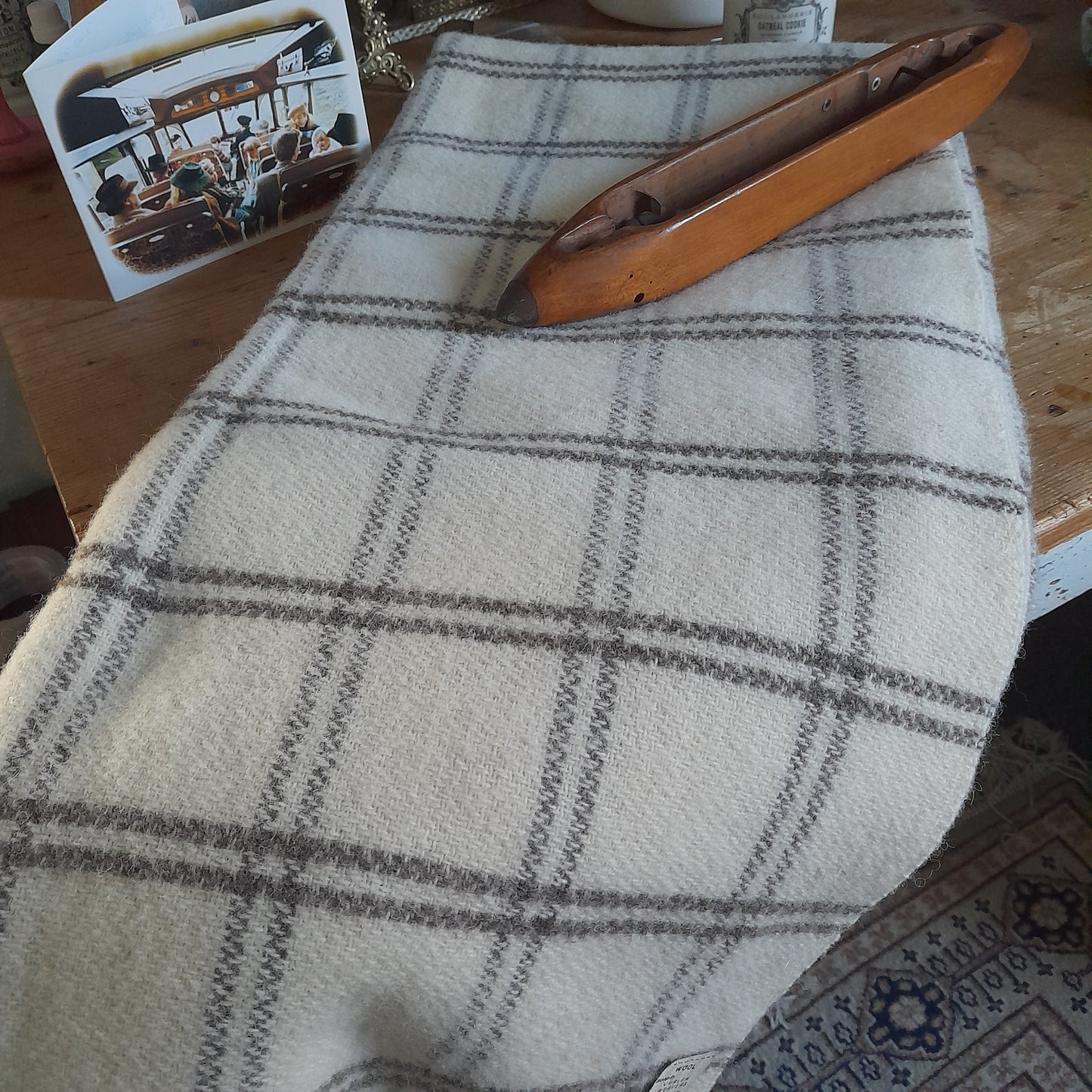 Handwoven Welsh Blanket in Natural Undyed Natural Wool in Cream & Brown by Curlew Weavers