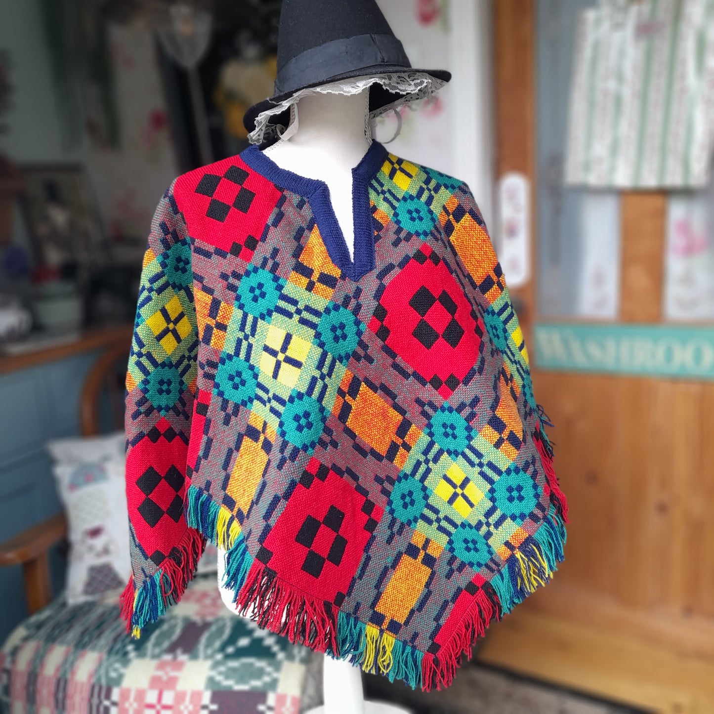 Vintage Welsh Tapestry Poncho by Trefriw Woollen Mill Navy Multicolour Reversible