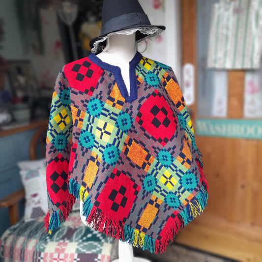 Vintage Welsh Tapestry Poncho by Trefriw Woollen Mill Navy Multicolour Reversible