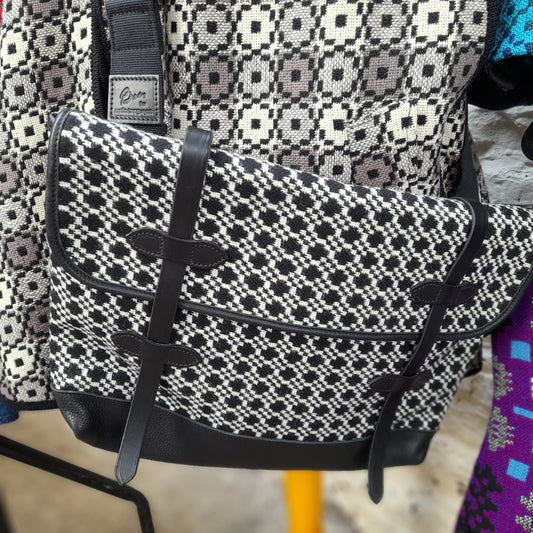 Large Welsh Tapestry & Leather Cross Body Messenger Bag by Melin Tregwynt in Black & White