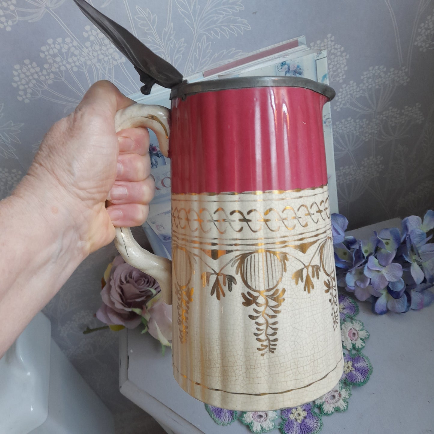 Antique Burgundy Red & Cream Ceramic Jug, Gold Lustre Pitcher with Pewter Lid