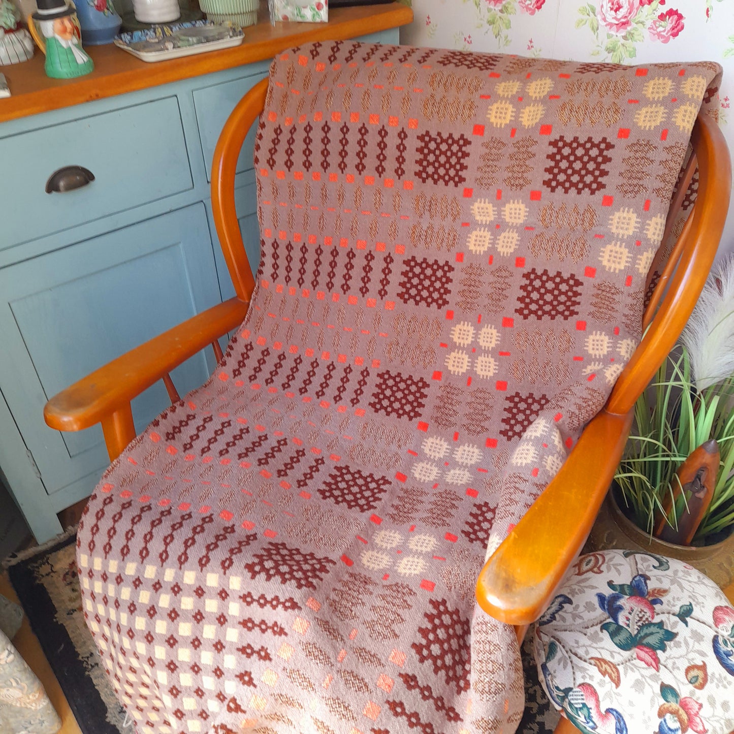 Antique Welsh Blanket in Latte Brown Orange & Cream