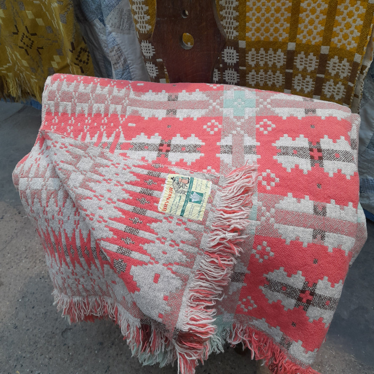 Vintage Welsh Wool Blanket in Peach Grey Sage Green by Brynkir 