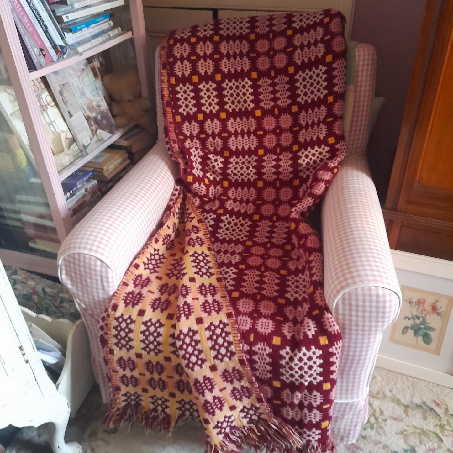 Vintage Welsh Tapestry Blanket in Burgundy Pink & A Pop of Daffodil Yellow King Size