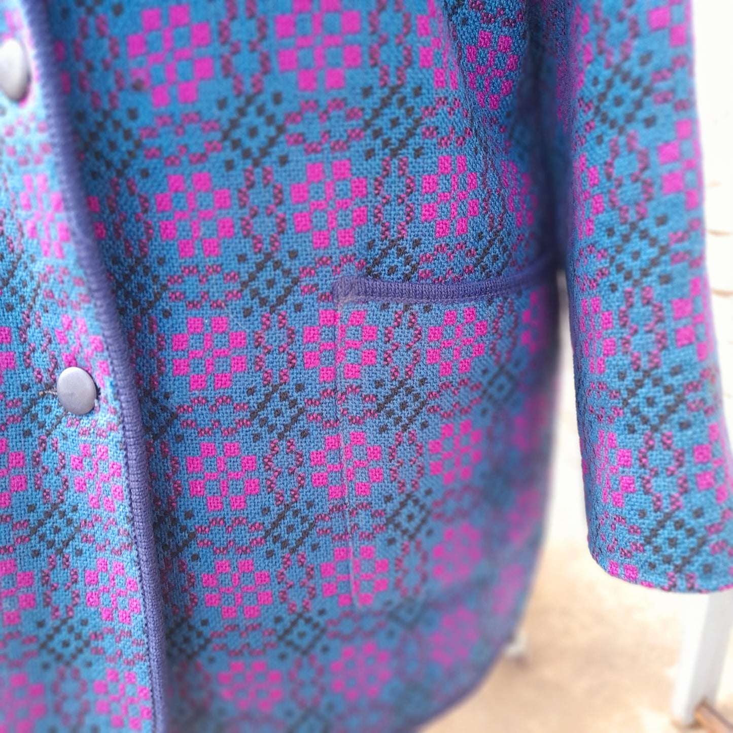 Vintage Welsh Wool Tapestry Pea Coat in Blue & Pink Large Size 18