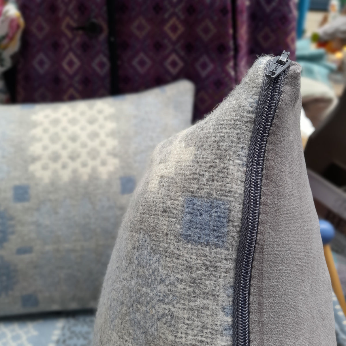 Pair of Welsh Tapestry Blanket Cushions in Pale Blue Grey & White Limited Edition 18" x 12"