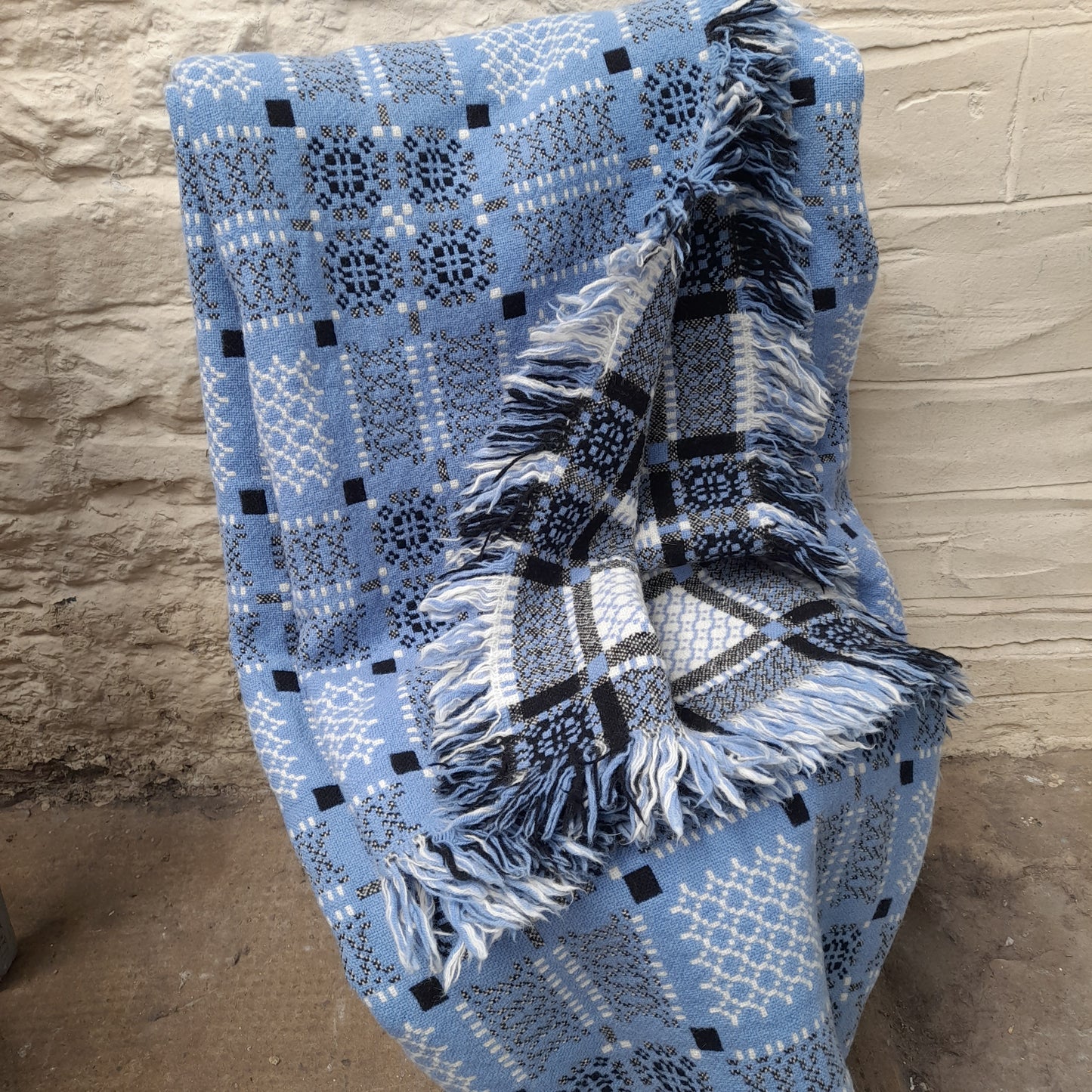 Vintage Welsh Tapestry Blanket in Blue, Black & White Knot Garden Design by Melin Tregwynt