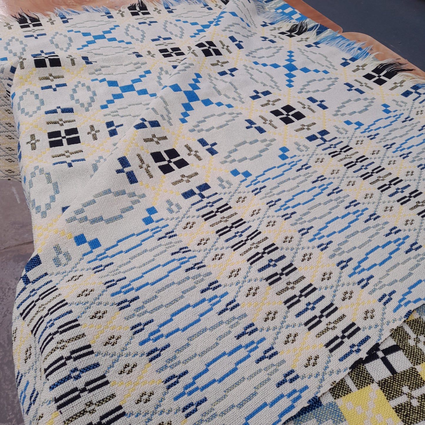Vintage Welsh Tapestry Blanket in Blue, Black & Daffodil Yellow King Size