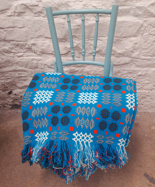 Vintage Welsh Tapestry Blanket in Turquoise Black Orange & White
