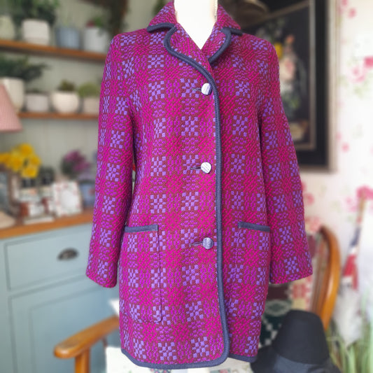 Vintage Welsh Tapestry Pea Coat in Pink & Purple Size 8/10