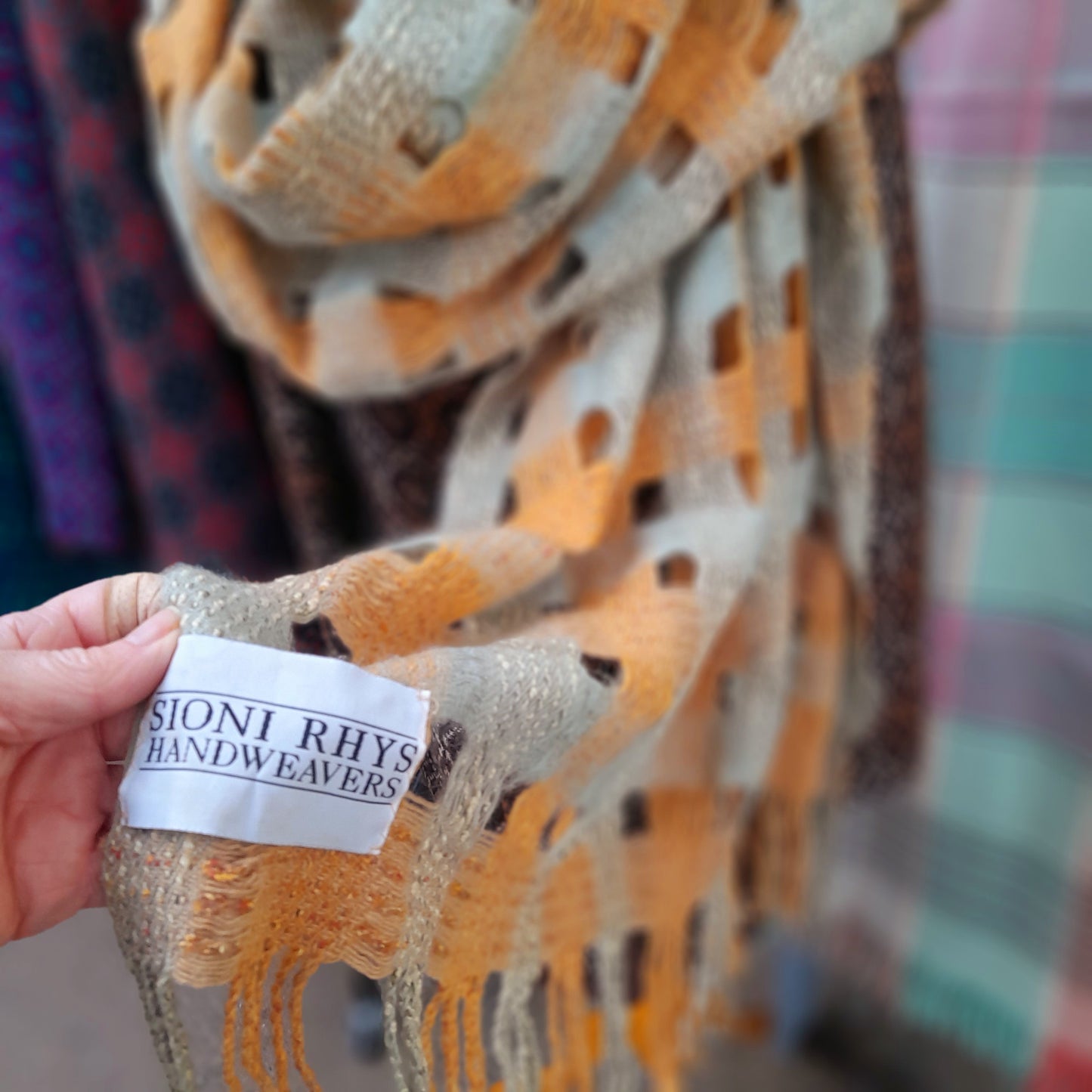 Sioni Rhys Handwoven Wool Wrap/Shawl in Burnt Orange & Sage Green
