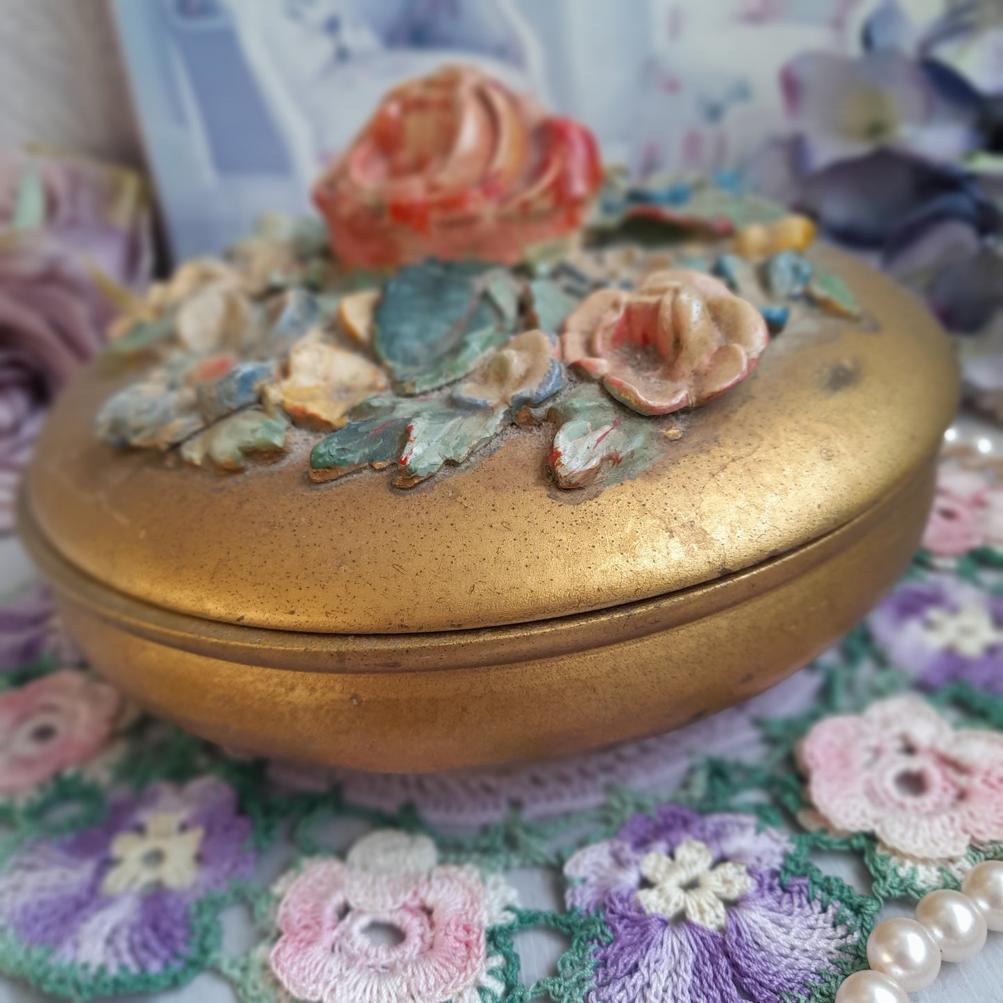 Vintage Barbola Round Gold Trinket Pot With Raised Flowers on Lid