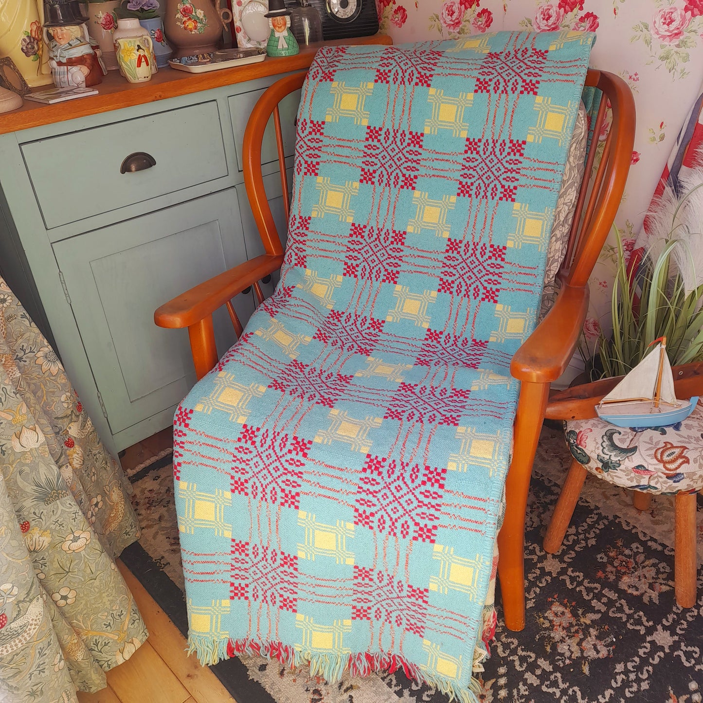 RARE Vintage Welsh Tapestry Blanket in Aqua, Raspberry Red & Daffodil Yellow by Gernos Mill
