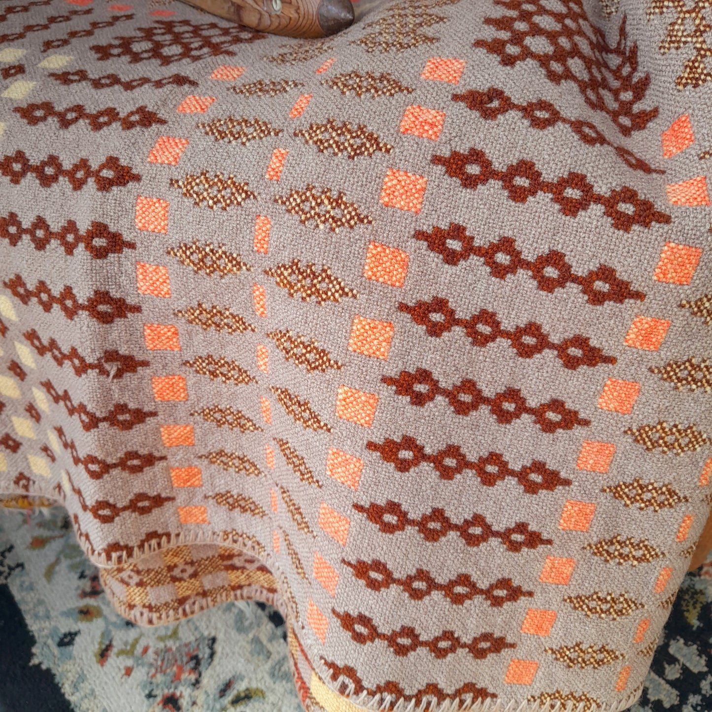 Antique Welsh Blanket in Latte Brown Orange & Cream