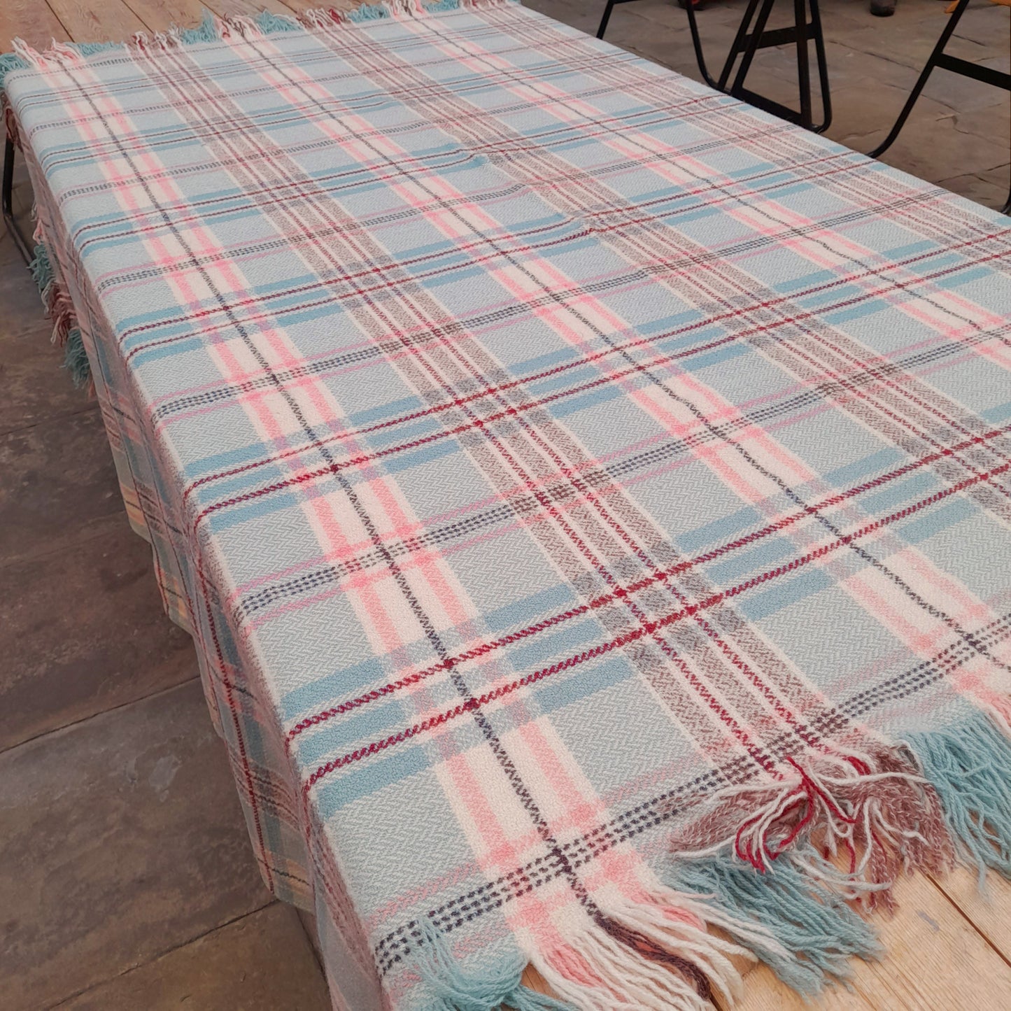 Vintage Welsh Wool Blanket/Carthen in Pale Blue, Cream, Burgundy & Pink Check