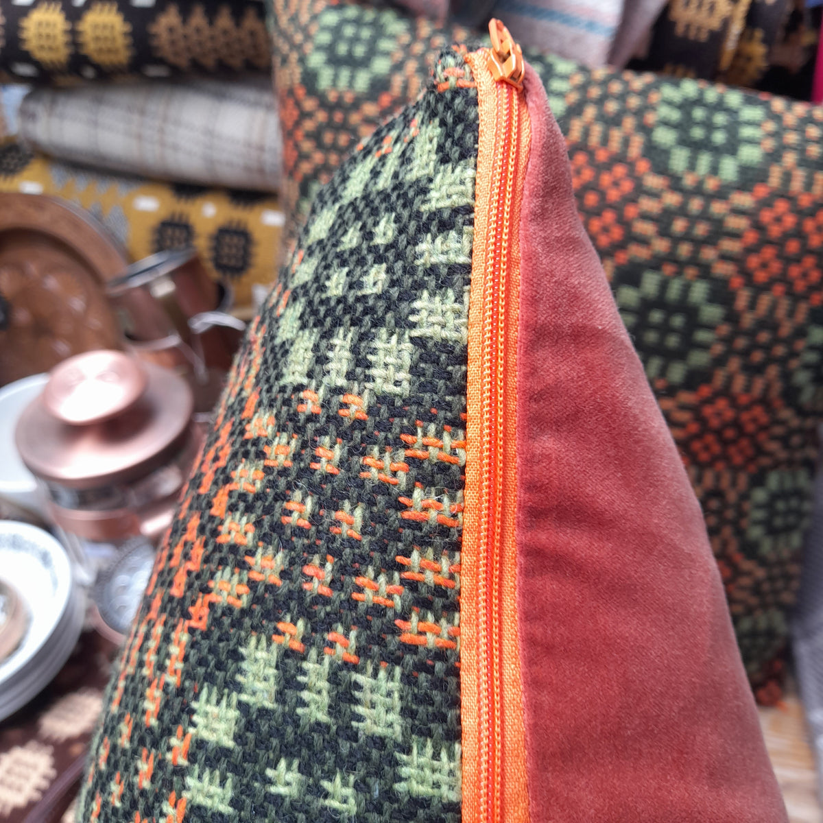 PAIR of Cushions Handmade In Vintage Welsh Tapestry Olive Green & Burnt Orange 18"