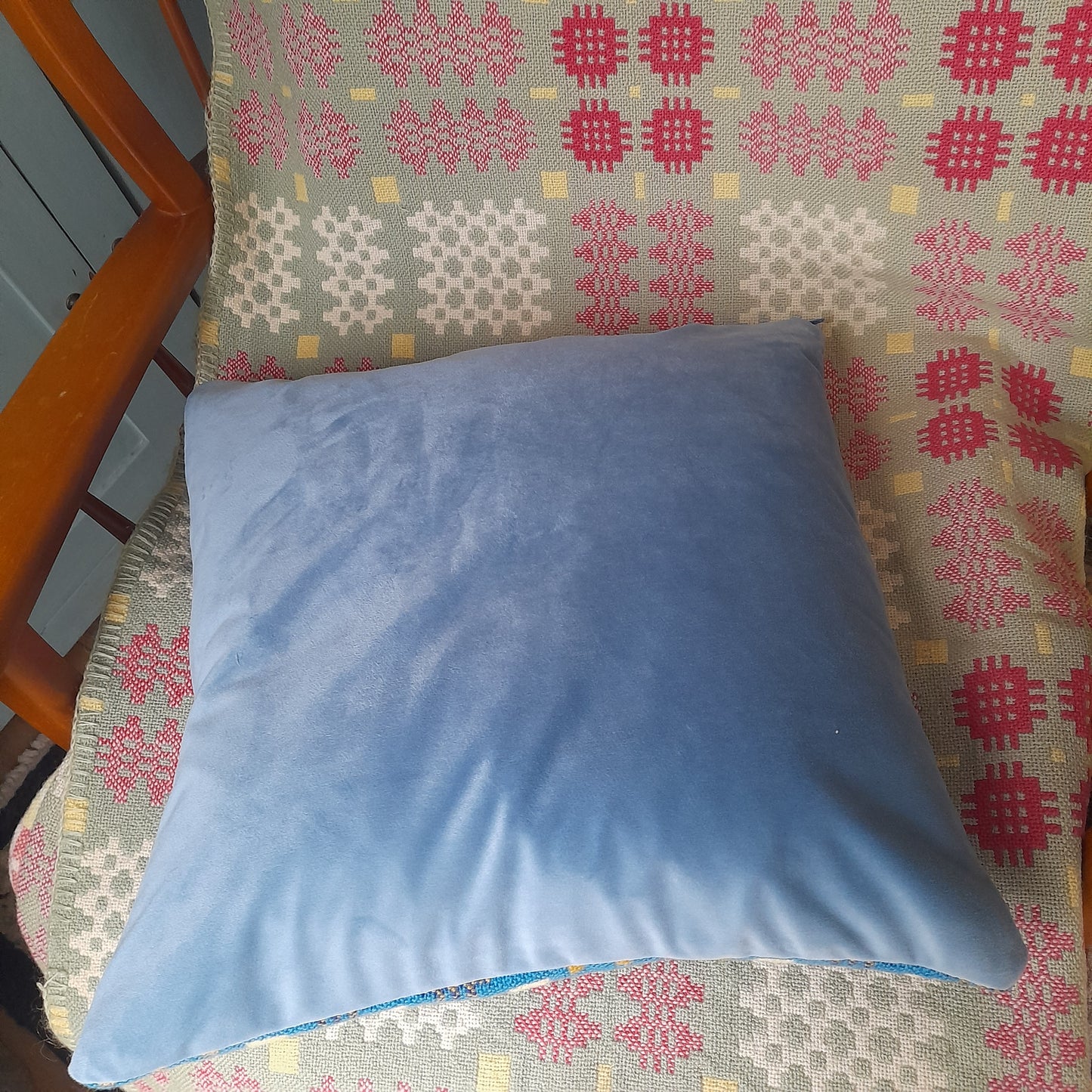 Handmade Welsh Blanket Cushion in Blue & Mustard Yellow 18"