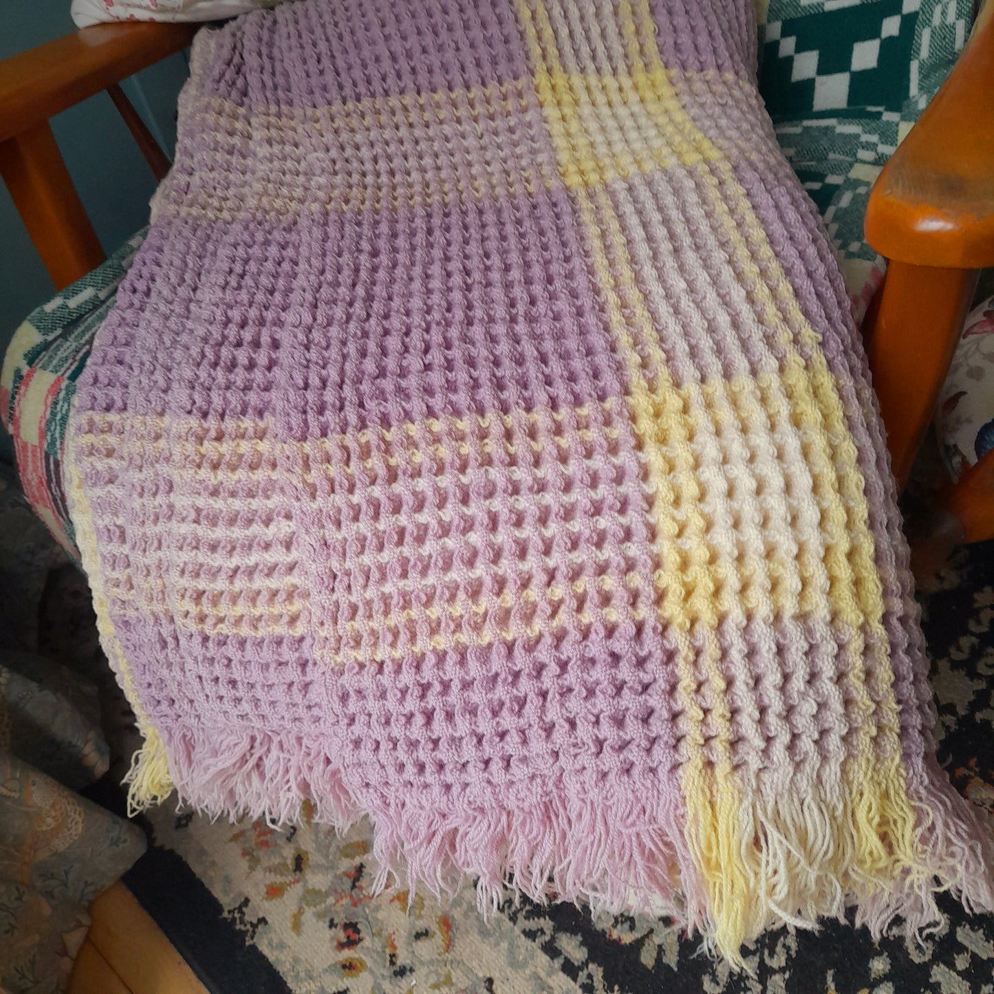 Vintage Welsh Wool Waffle Honeycomb Blanket in Lilac & Lemon Check