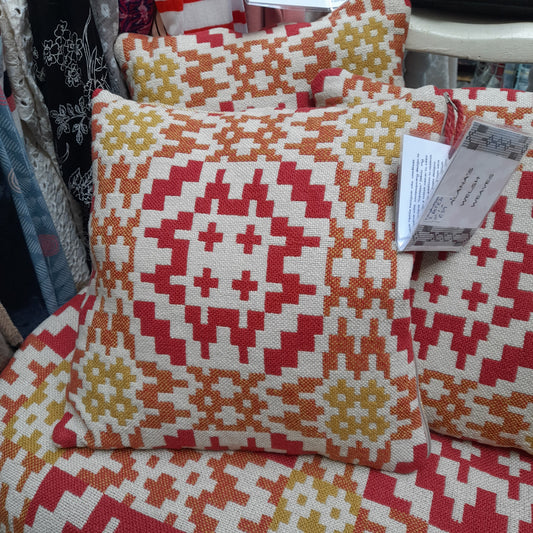Welsh Tapestry Blanket Cushion in Orange & Cream Unique Handwoven Design by Alana's Welsh Weaves BNWT
