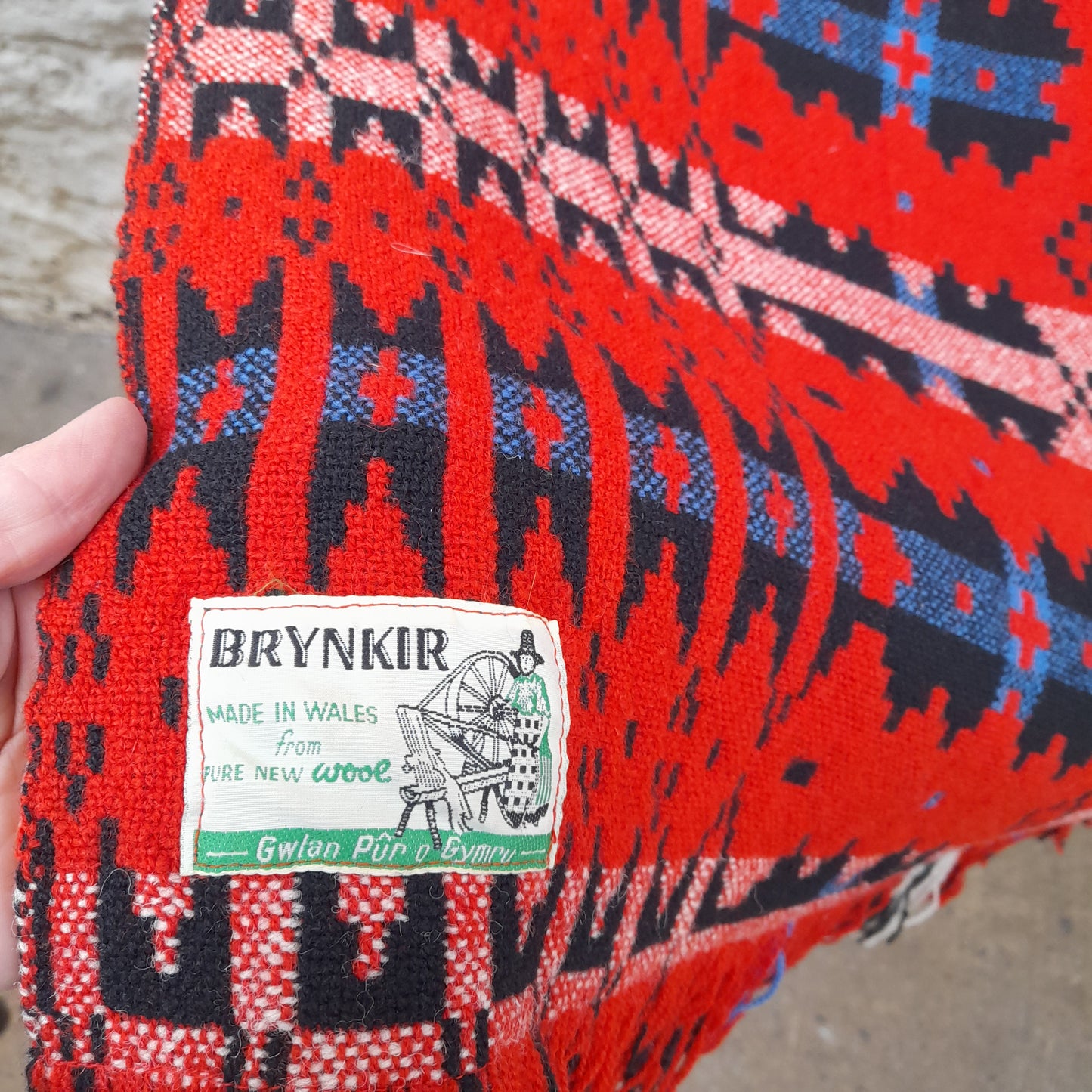 Vintage Welsh Tapestry Blanket in Red, Black & White With a Pop of Blue by Brynkir Woollen Mill