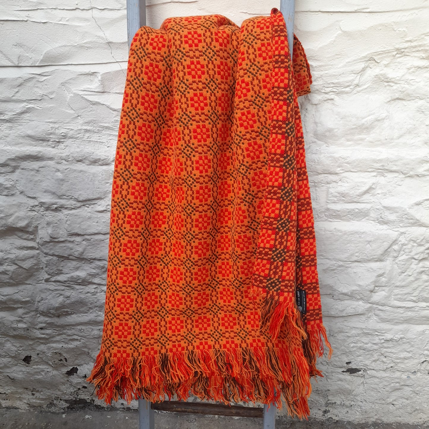 Vintage Welsh Tapestry Blanket in Bright Orange Brown & Gold by Meirion Mill