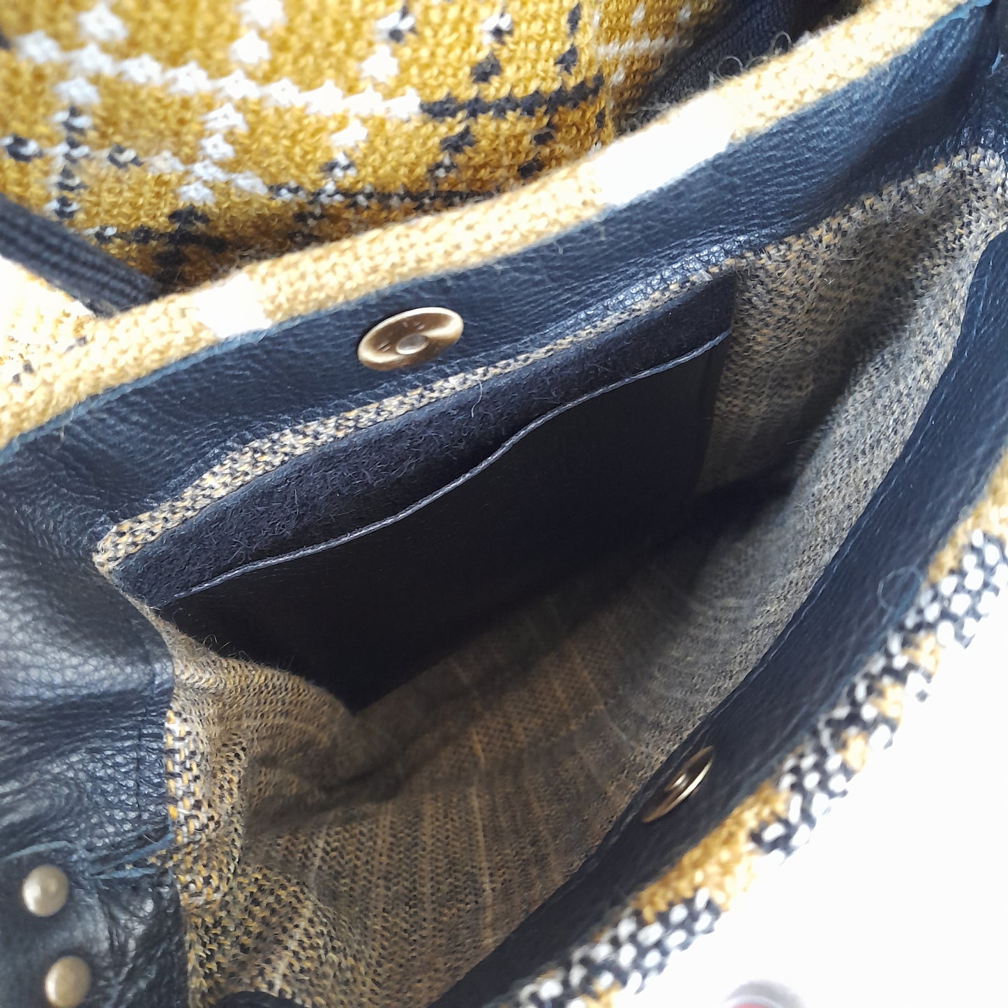 Handmade Coterie Leather Cross Body Handbag Made With Mustard & Black Vintage Welsh Wool Tapestry BNWT RRP £137