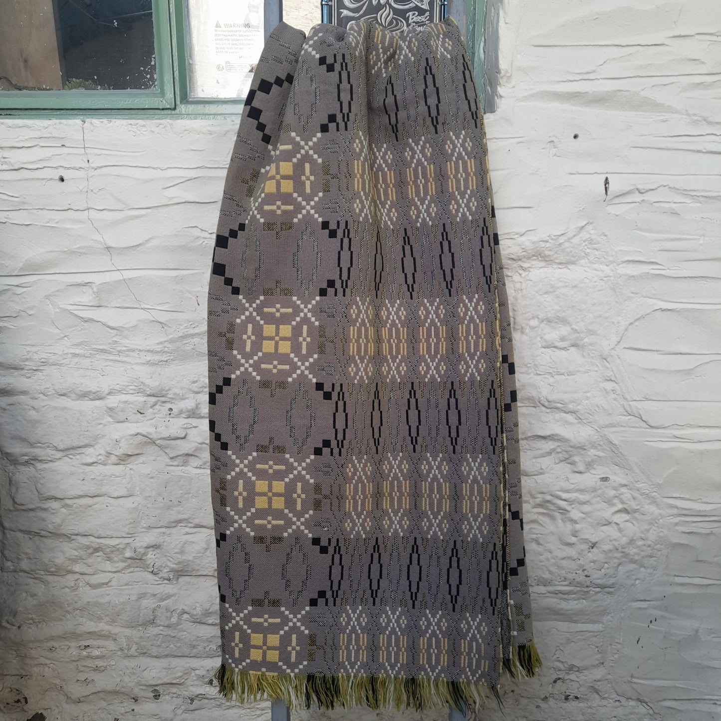 RARE Vintage Welsh Tapestry Blanket in Unusual Green, Lilac & Black Looks Grey King Size