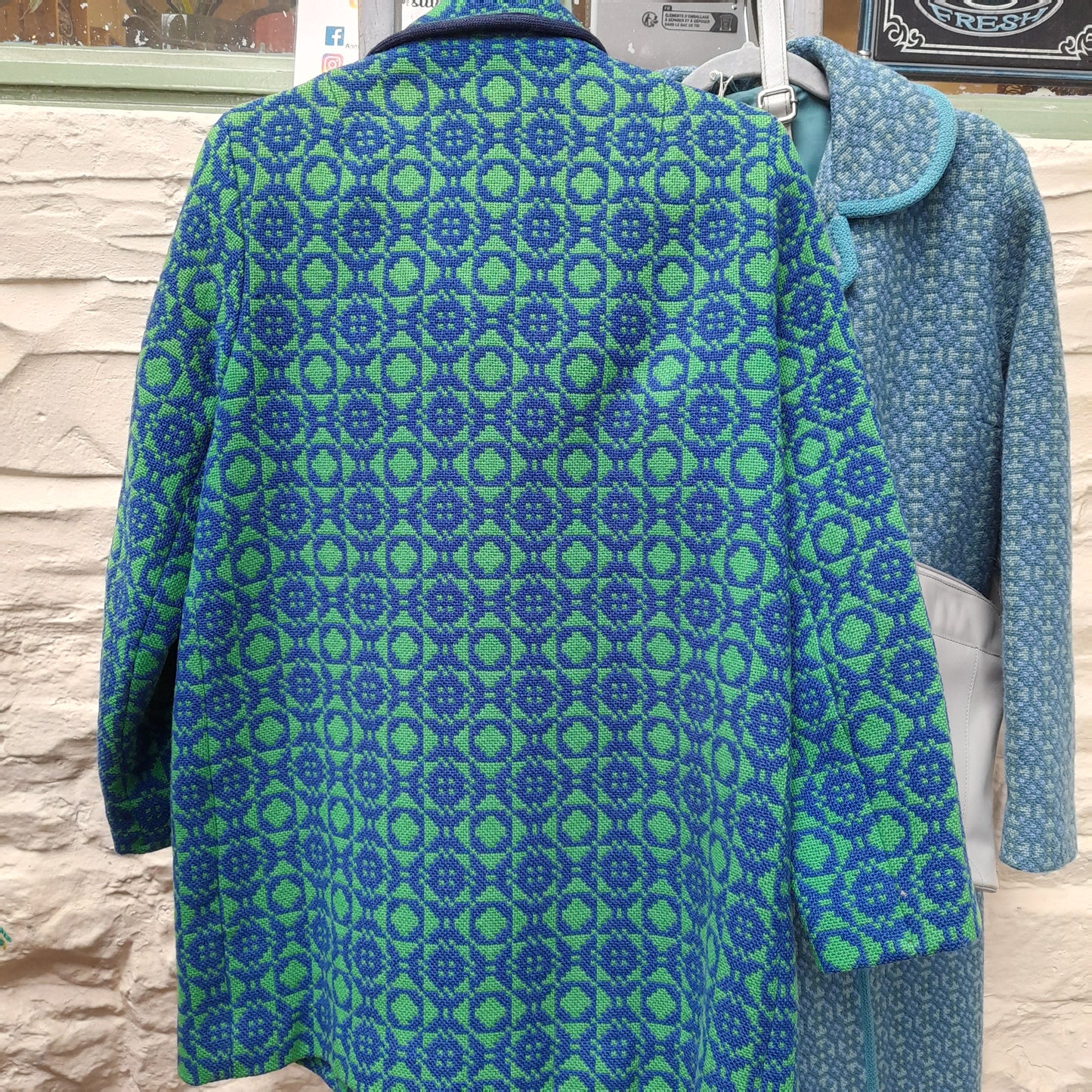 Vintage Welsh Tapestry Coat in Statement Emerald Green & Cobalt Blue 3/4 Length Size 16