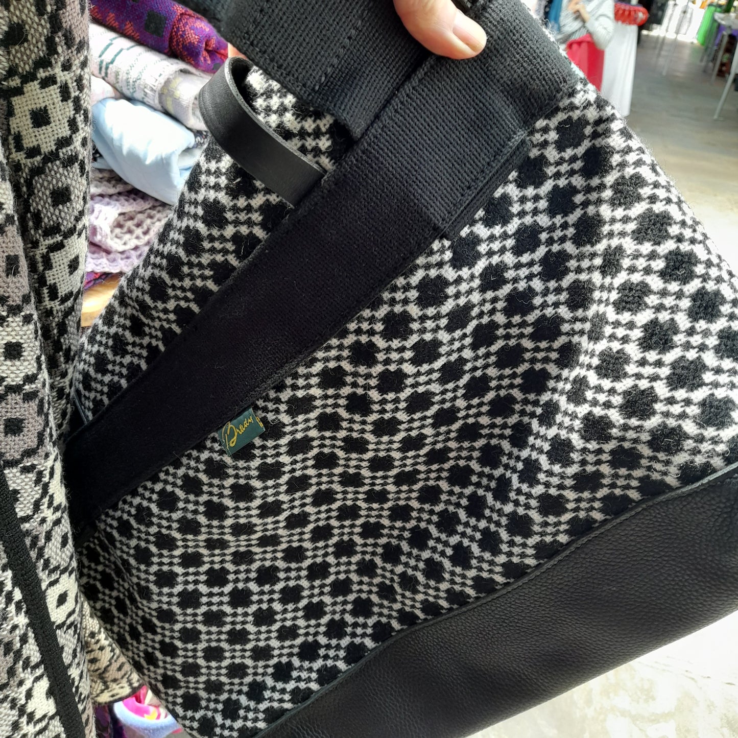 Large Welsh Tapestry & Leather Cross Body Messenger Bag by Melin Tregwynt in Black & White