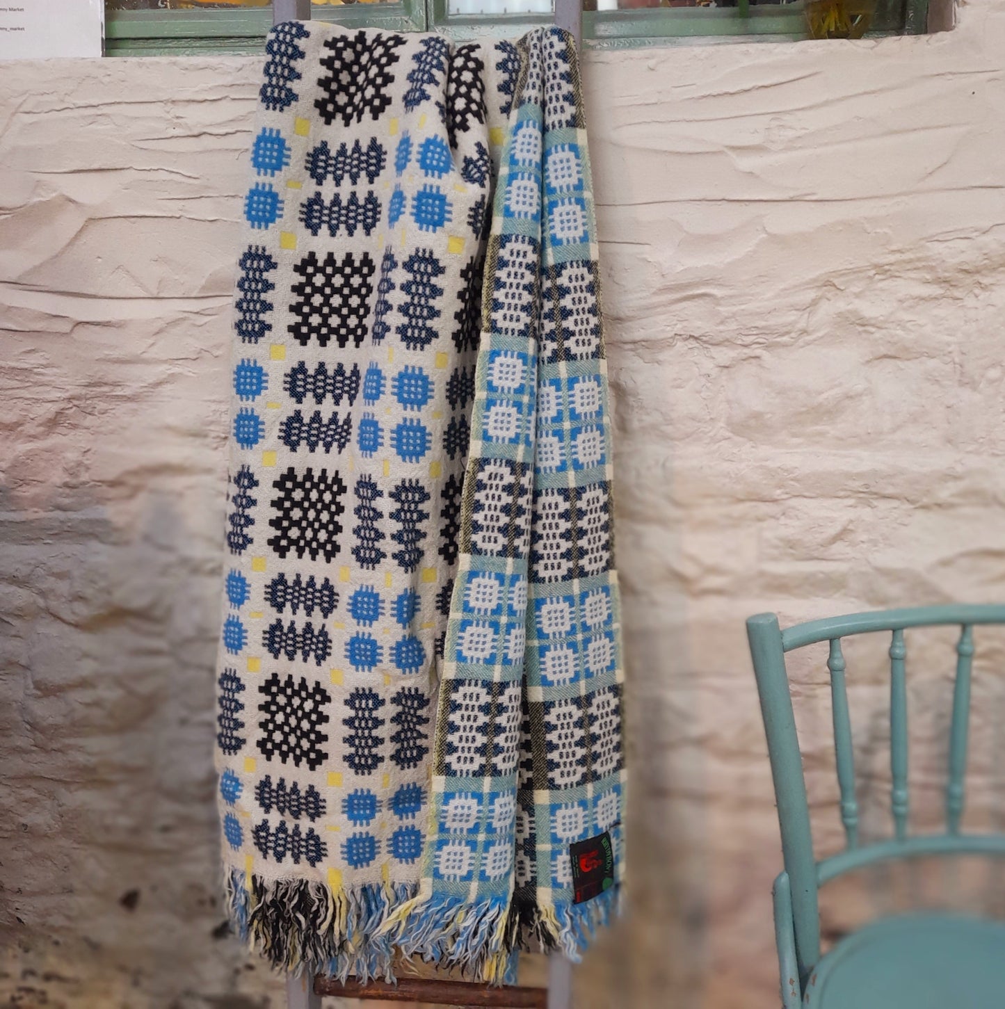 Vintage Welsh Tapestry Blanket in Cream, Sky Blue, Black & A Pop of Daffodil Yellow by Rhydybont Mill King Size