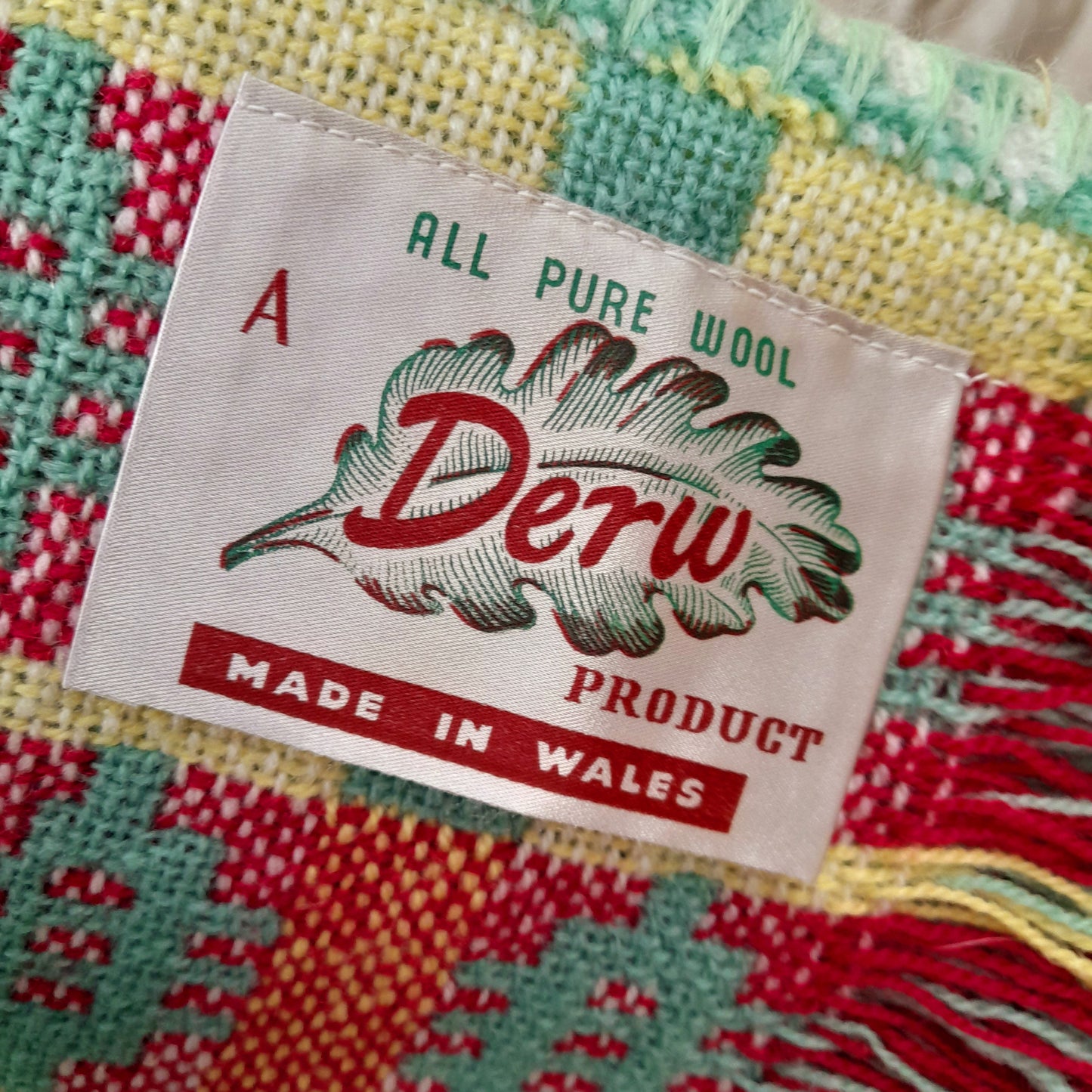 Vintage Welsh Tapestry Blanket in Green, Raspberry Red, Lemon Yellow & White King Size