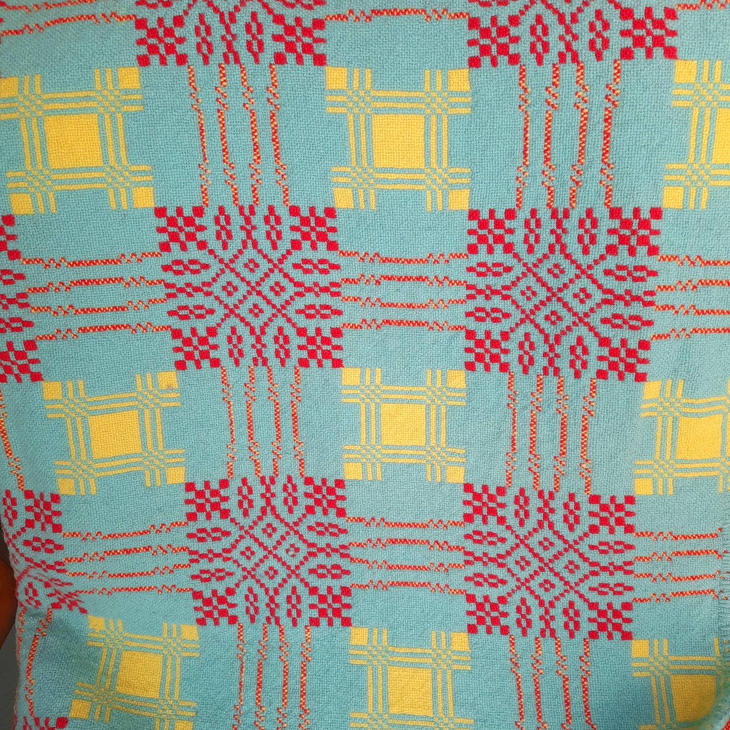 RARE Vintage Welsh Tapestry Blanket in Aqua, Raspberry Red & Daffodil Yellow by Gernos Mill