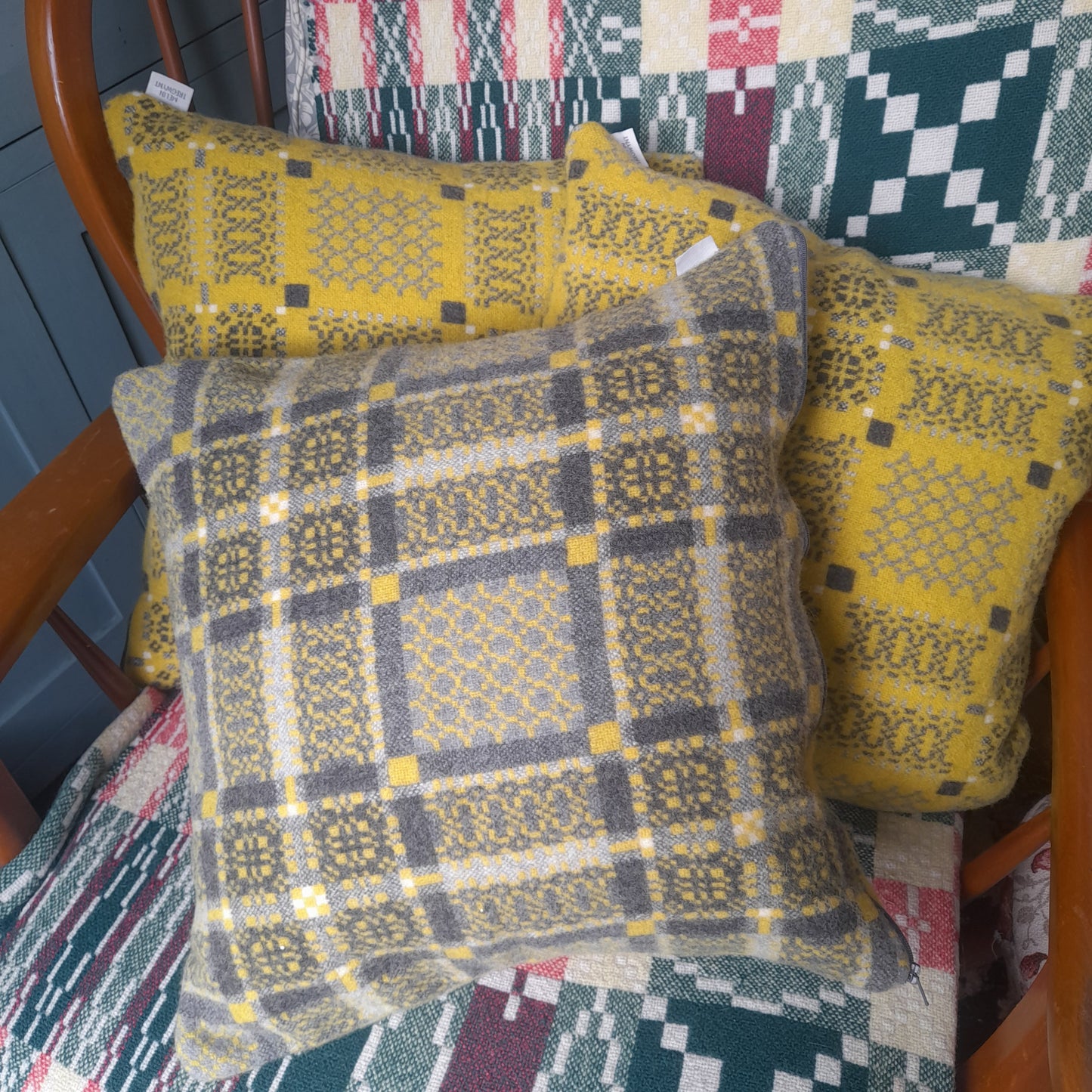 Special Order for Sarah 3 x Melin Tregwynt Mustard/Grey Reversible Cushions 16"