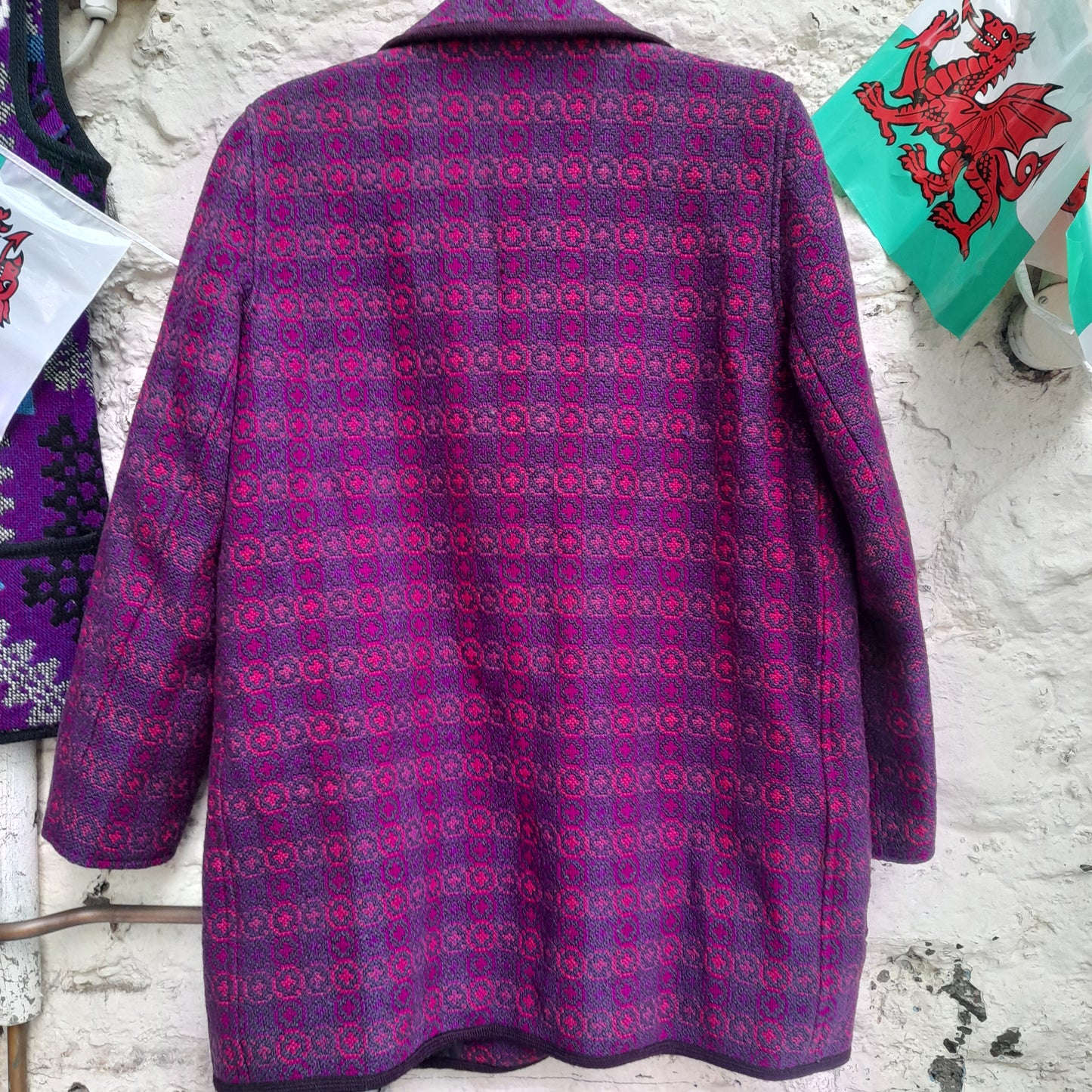 Vintage Welsh Tapestry Pea Coat in Purple & Pink Size 16/18