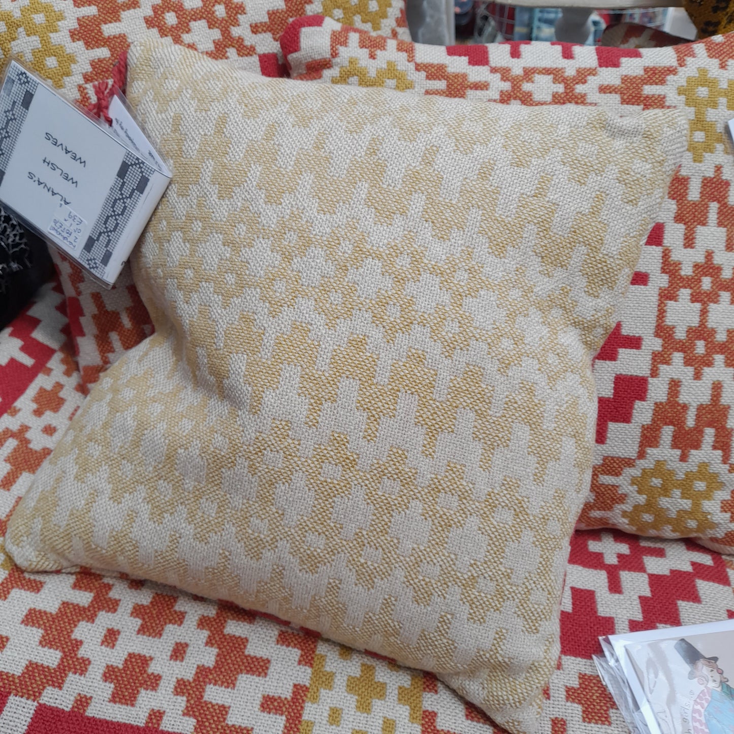 Welsh Tapestry Blanket Cushion in Orange & Cream Unique Handwoven Design by Alana's Welsh Weaves BNWT